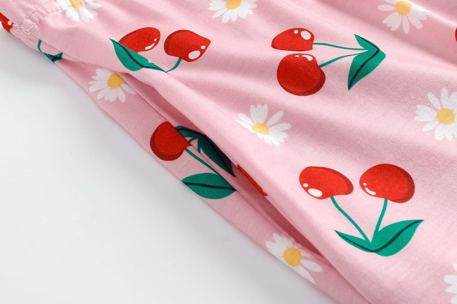 imageVopmocld Big Girls Short Sleeve Long Pants Pajama Sets 4PCS Cartoon Patterns Strawberry Cute Cherry Sleepwear Nighty Lounge4pcsstrawberryCherry
