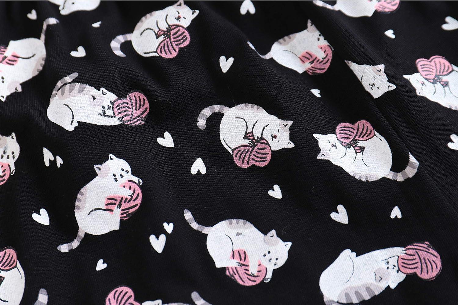 imageVopmocld Big Girls Summer Short Sleeve Pajama Sets Cute Cat Patterns Sleepwear Nighty 100 CottonCat