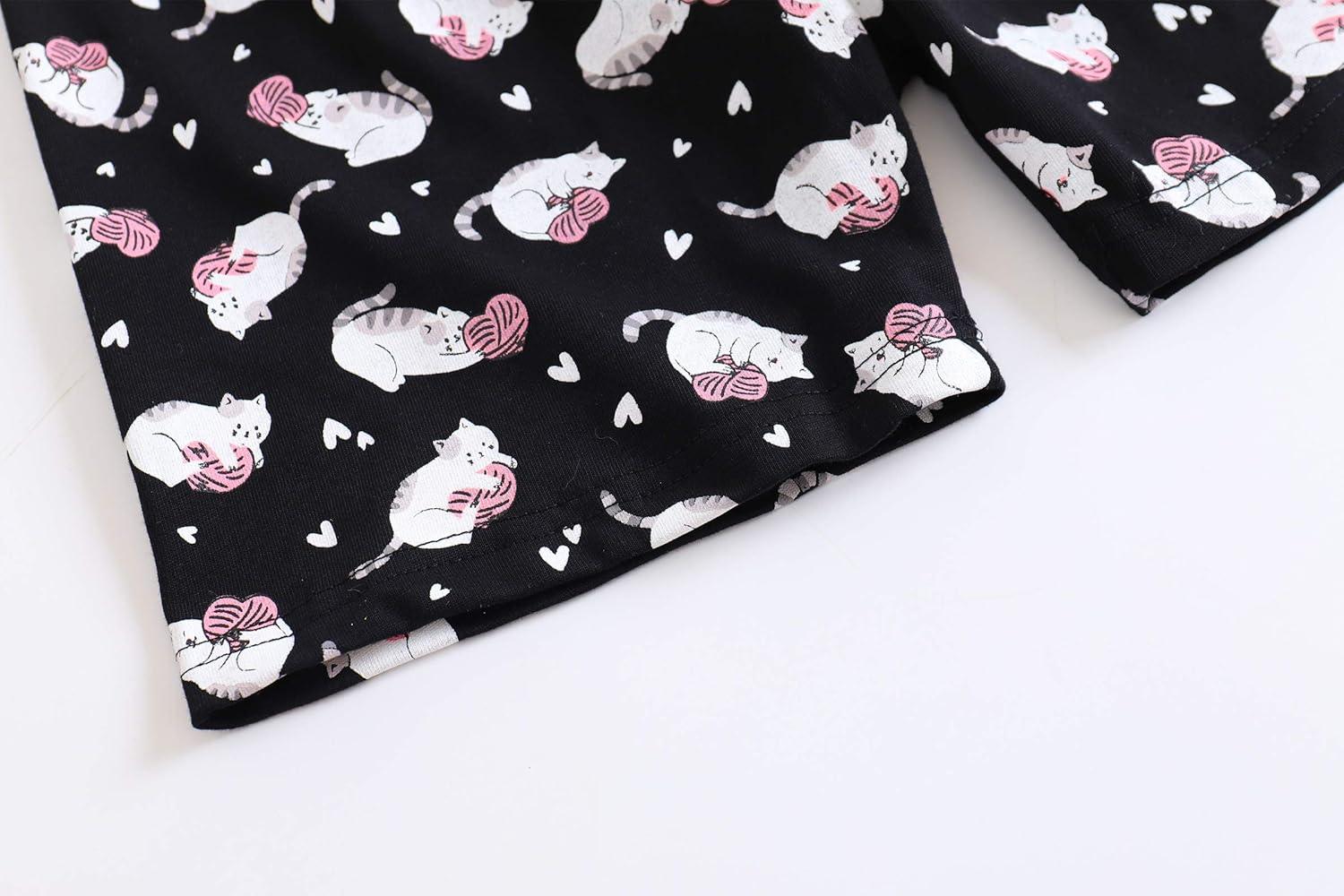 imageVopmocld Big Girls Summer Short Sleeve Pajama Sets Cute Cat Patterns Sleepwear Nighty 100 CottonCat