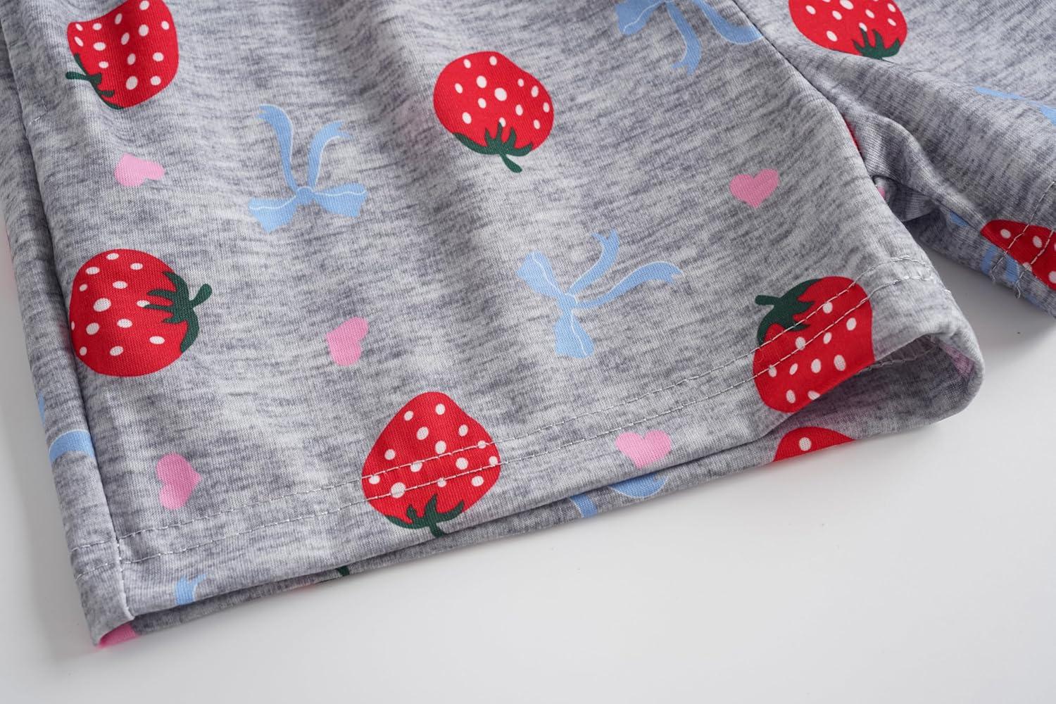 imageVopmocld Big Girls Summer Short Sleeve Pajama Sets Cute Cat Patterns Sleepwear Nighty 100 CottonStrawberry Bow