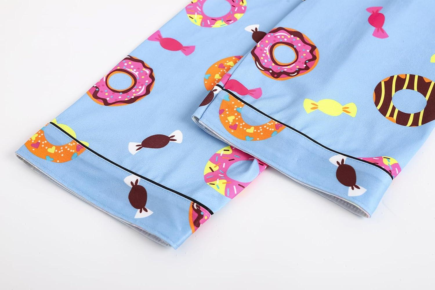 imageVopmocld Girls Pajama Sets 3pcs Button Down Short Sleeve Long Pants With Shorts Sleepwear Cute Patterns Nighty For Teens3pcsDonuts