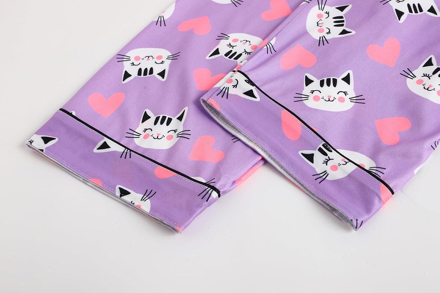 imageVopmocld Girls Pajama Sets 3pcs Button Down Short Sleeve Long Pants With Shorts Sleepwear Cute Patterns Nighty For Teens3pcsPurplecats