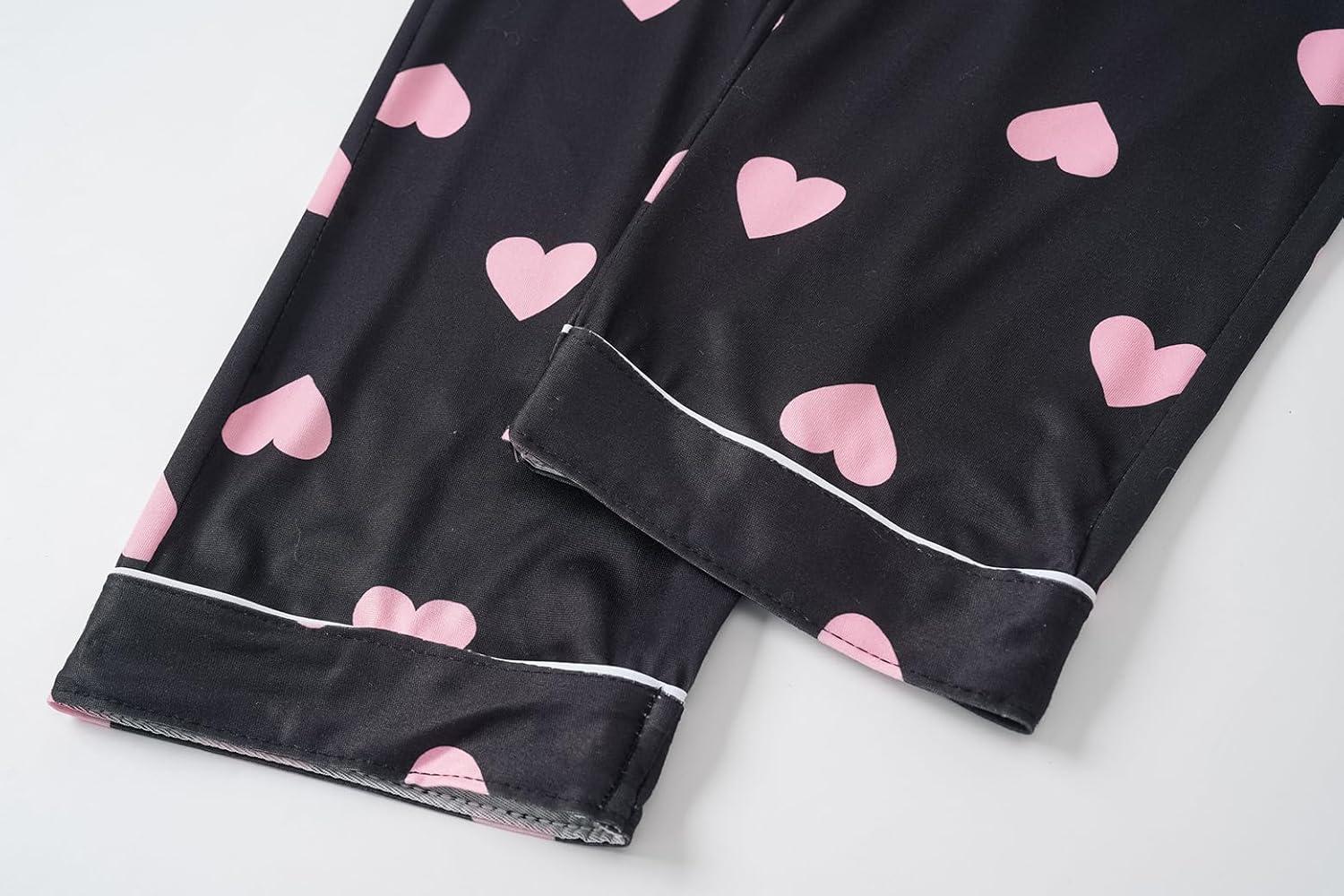 imageVopmocld Girls Pajama Sets 3pcs Button Down Short Sleeve Long Pants With Shorts Sleepwear Cute Patterns Nighty For TeensBlack Pink Hearts