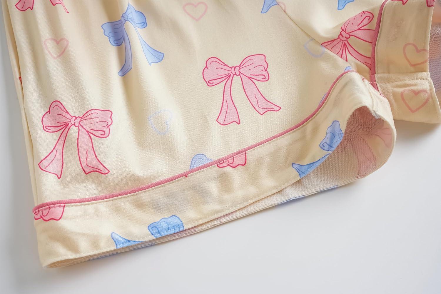 imageVopmocld Girls Pajama Sets 3pcs Button Down Short Sleeve Long Pants With Shorts Sleepwear Cute Patterns Nighty For TeensBlue Pink Bow
