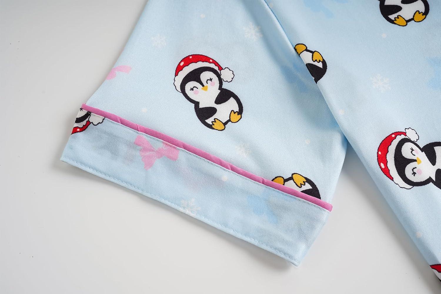 imageVopmocld Girls Pajama Sets 3pcs Button Down Short Sleeve Long Pants With Shorts Sleepwear Cute Patterns Nighty For TeensSkyblue Penguin