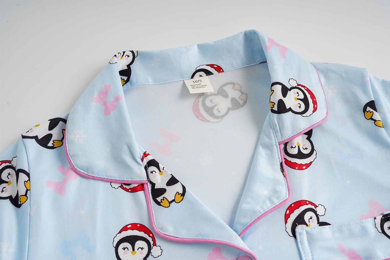 imageVopmocld Girls Pajama Sets 3pcs Button Down Short Sleeve Long Pants With Shorts Sleepwear Cute Patterns Nighty For TeensSkyblue Penguin