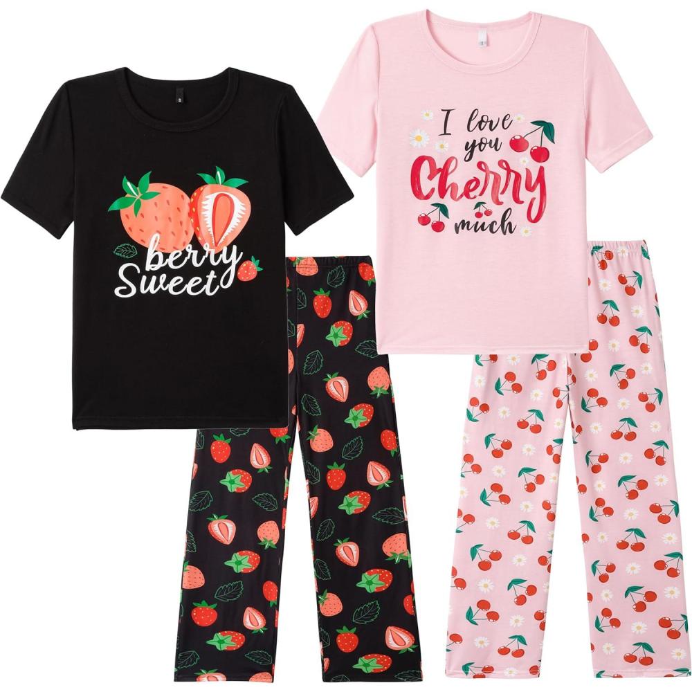 imageVopmocld Big Girls Short Sleeve Long Pants Pajama Sets 4PCS Cartoon Patterns Strawberry Cute Cherry Sleepwear Nighty Lounge4pcsstrawberryCherry