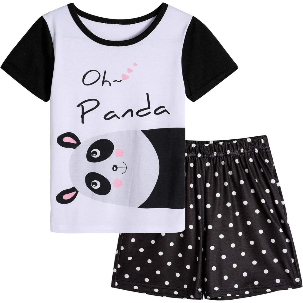 imageVopmocld Big Girls Summer Short Sleeve Pajama Sets Cute Cat Patterns Sleepwear Nighty 100 CottonBig Panda