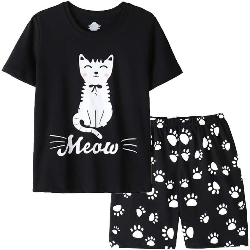 imageVopmocld Big Girls Summer Short Sleeve Pajama Sets Cute Cat Patterns Sleepwear Nighty 100 CottonBlack