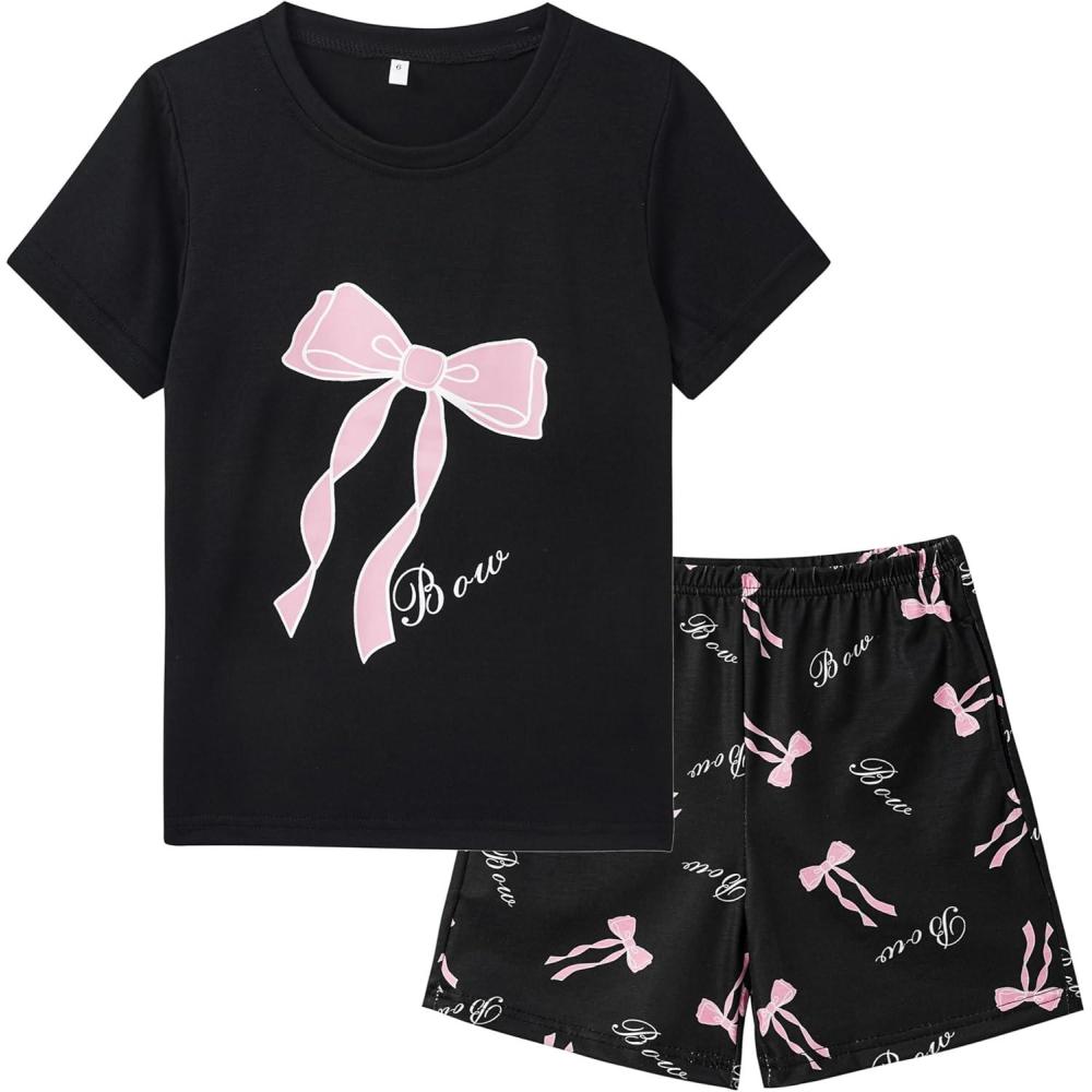 imageVopmocld Big Girls Summer Short Sleeve Pajama Sets Cute Cat Patterns Sleepwear Nighty 100 CottonBowknot