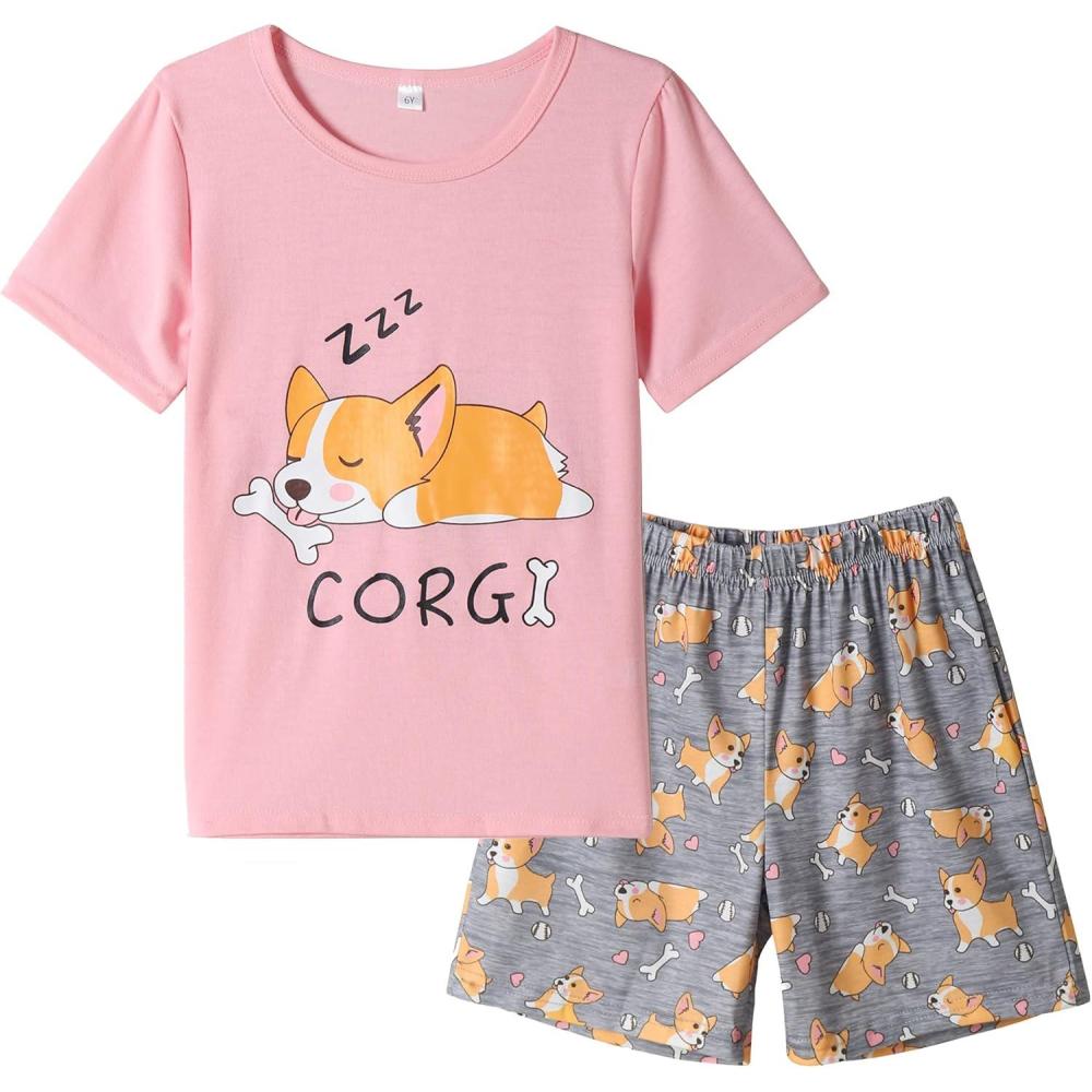imageVopmocld Big Girls Summer Short Sleeve Pajama Sets Cute Cat Patterns Sleepwear Nighty 100 CottonCorgi