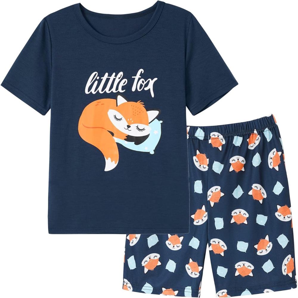 imageVopmocld Big Girls Summer Short Sleeve Pajama Sets Cute Cat Patterns Sleepwear Nighty 100 CottonFox