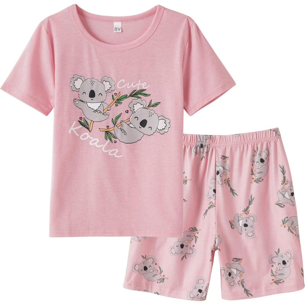imageVopmocld Big Girls Summer Short Sleeve Pajama Sets Cute Cat Patterns Sleepwear Nighty 100 CottonKoala