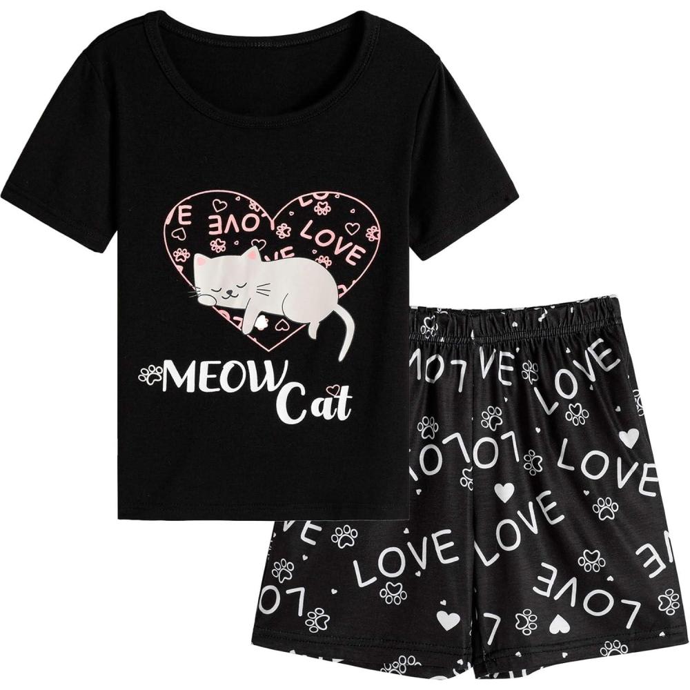 imageVopmocld Big Girls Summer Short Sleeve Pajama Sets Cute Cat Patterns Sleepwear Nighty 100 CottonLove Cat