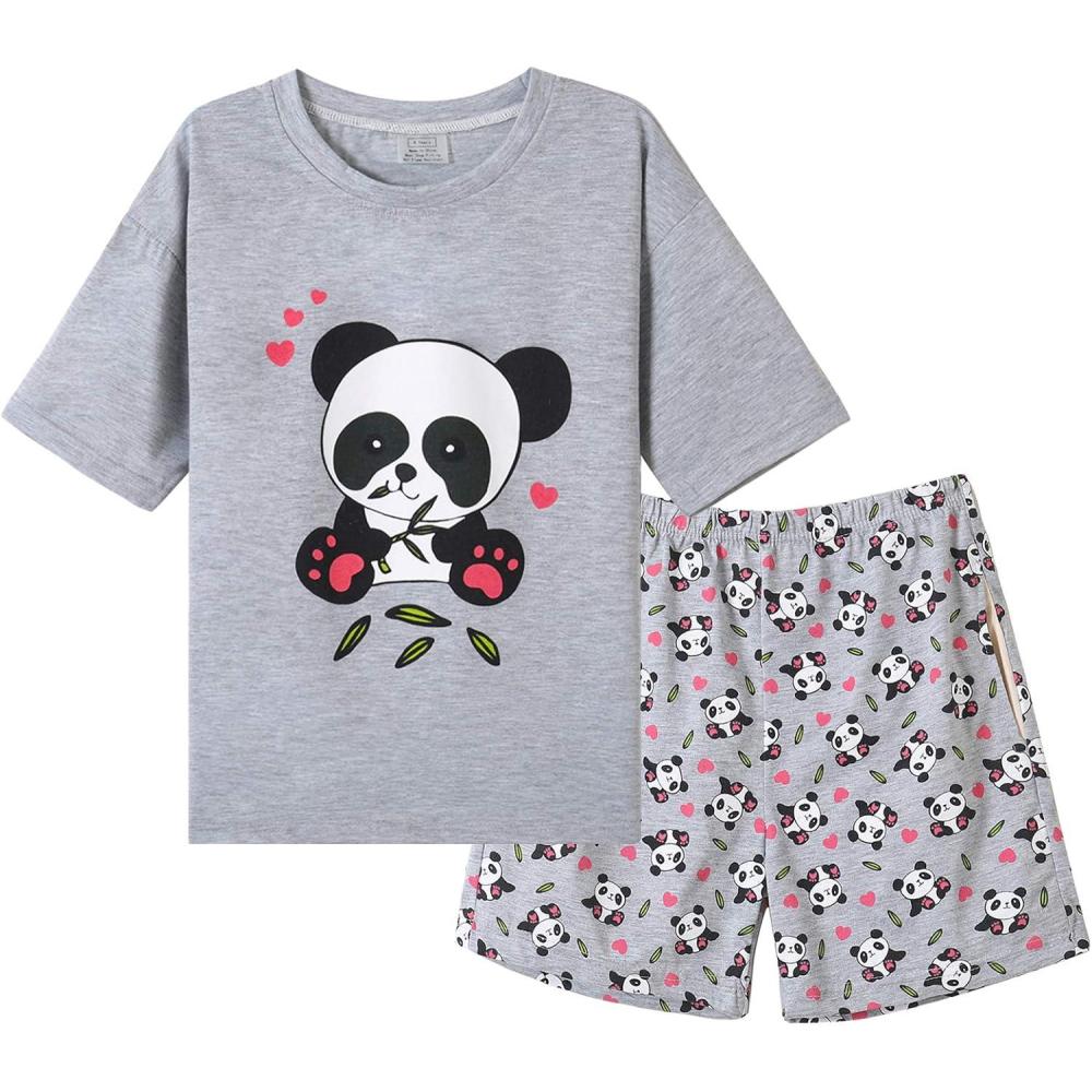 imageVopmocld Big Girls Summer Short Sleeve Pajama Sets Cute Cat Patterns Sleepwear Nighty 100 CottonPanda