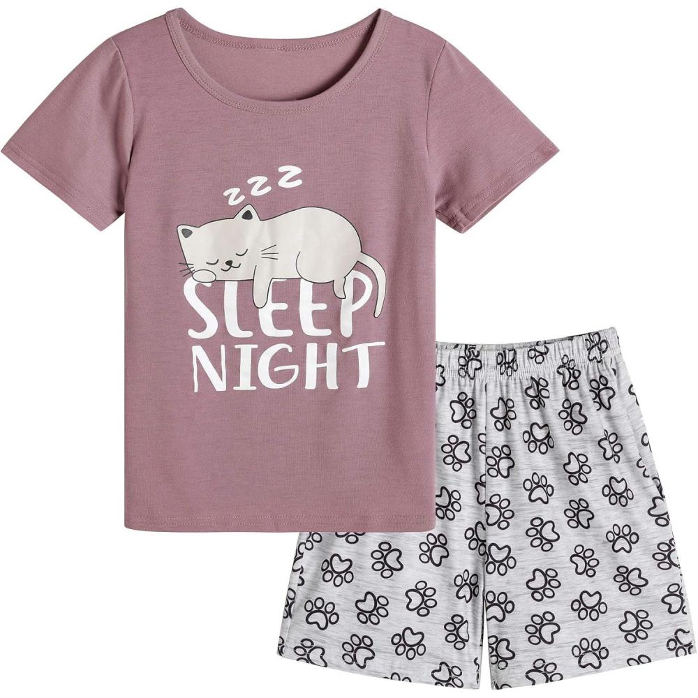 imageVopmocld Big Girls Summer Short Sleeve Pajama Sets Cute Cat Patterns Sleepwear Nighty 100 CottonSleepcat