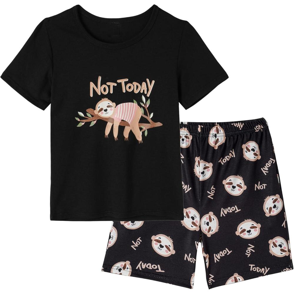 imageVopmocld Big Girls Summer Short Sleeve Pajama Sets Cute Cat Patterns Sleepwear Nighty 100 CottonSloth