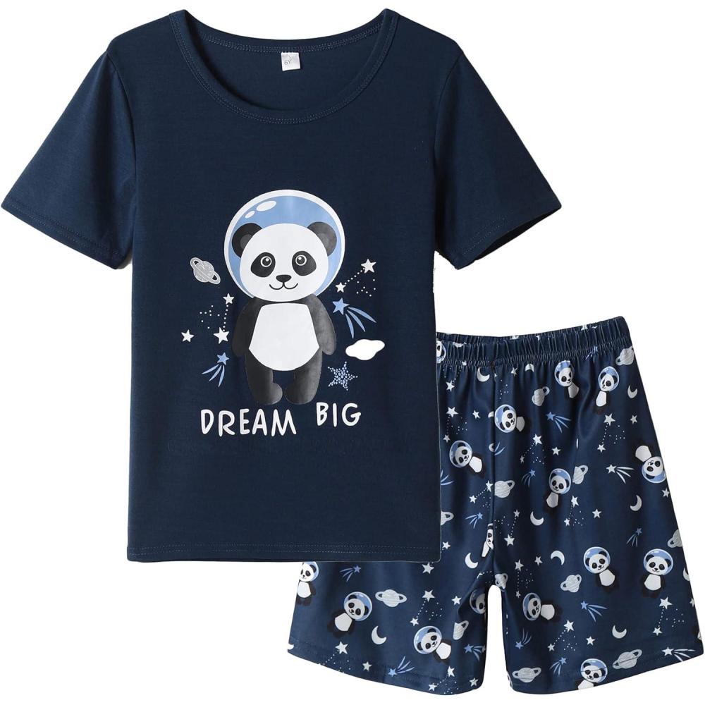 imageVopmocld Big Girls Summer Short Sleeve Pajama Sets Cute Cat Patterns Sleepwear Nighty 100 CottonSpacepanda