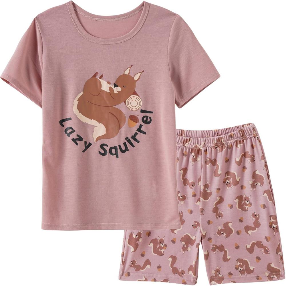 imageVopmocld Big Girls Summer Short Sleeve Pajama Sets Cute Cat Patterns Sleepwear Nighty 100 CottonSquirrel