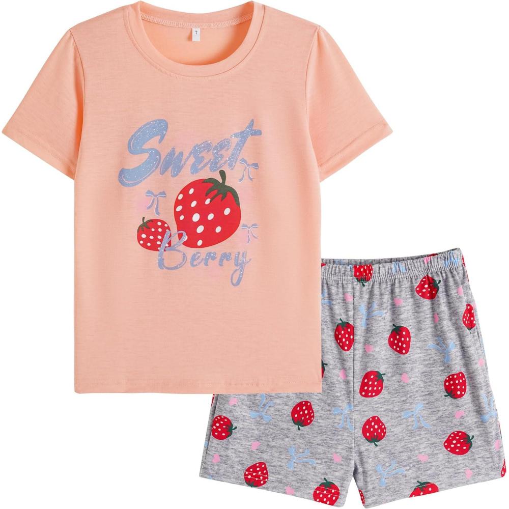 imageVopmocld Big Girls Summer Short Sleeve Pajama Sets Cute Cat Patterns Sleepwear Nighty 100 CottonStrawberry Bow