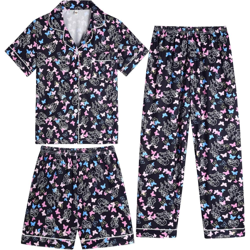 imageVopmocld Girls Pajama Sets 3pcs Button Down Short Sleeve Long Pants With Shorts Sleepwear Cute Patterns Nighty For Teens3pcsButterflyunicorns