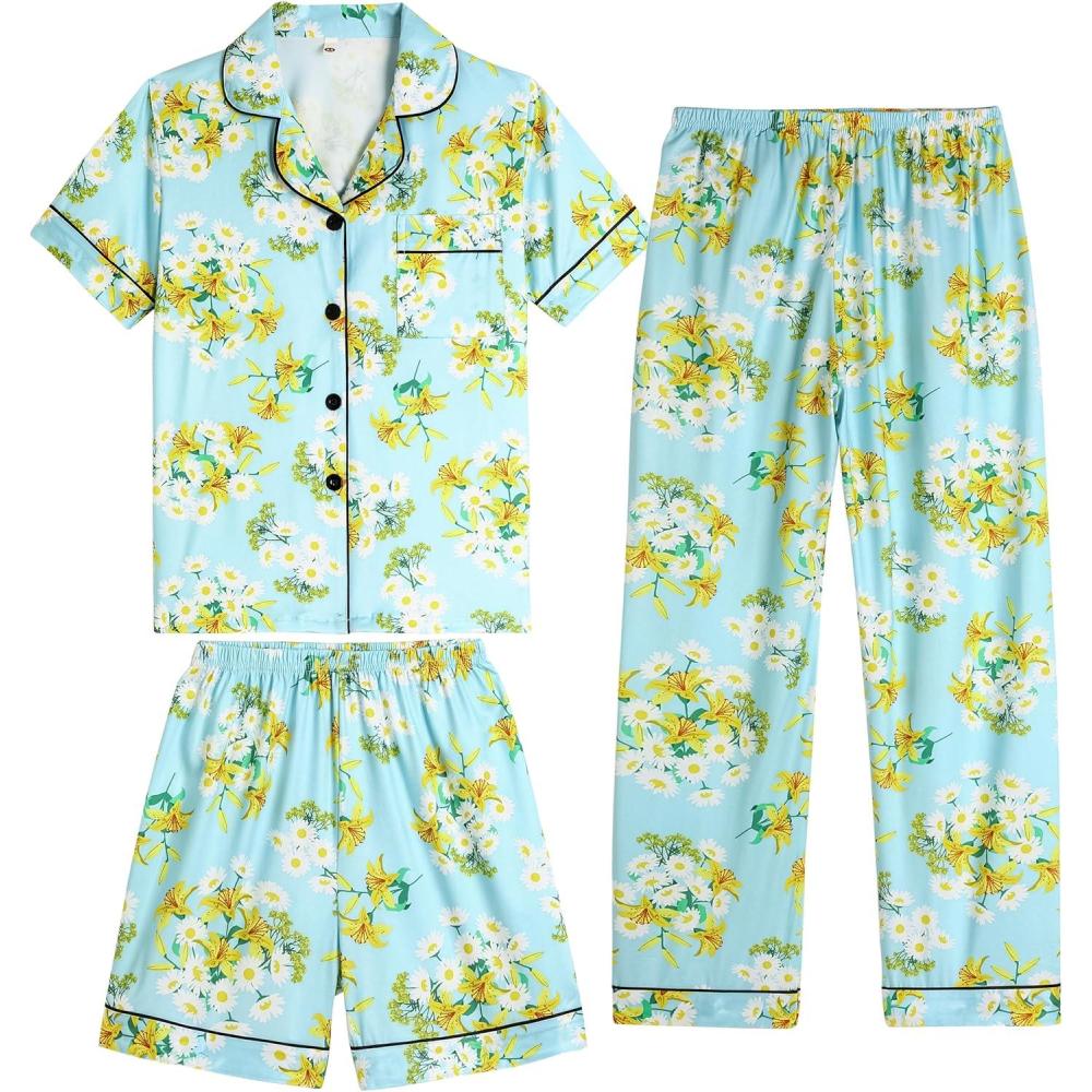 imageVopmocld Girls Pajama Sets 3pcs Button Down Short Sleeve Long Pants With Shorts Sleepwear Cute Patterns Nighty For Teens3pcsDaisylily