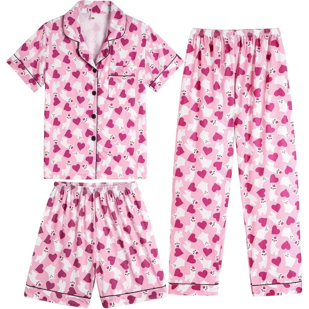 imageVopmocld Girls Pajama Sets 3pcs Button Down Short Sleeve Long Pants With Shorts Sleepwear Cute Patterns Nighty For Teens3pcsLlama