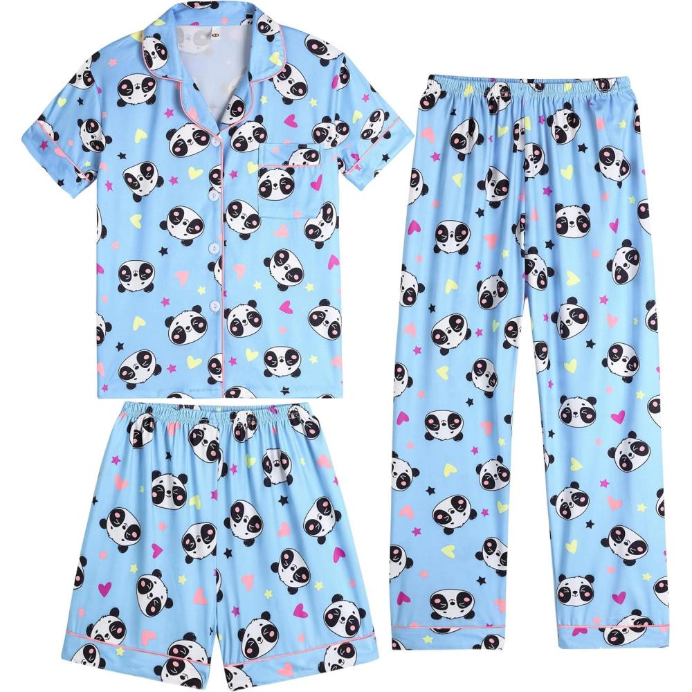imageVopmocld Girls Pajama Sets 3pcs Button Down Short Sleeve Long Pants With Shorts Sleepwear Cute Patterns Nighty For Teens3pcsPanda
