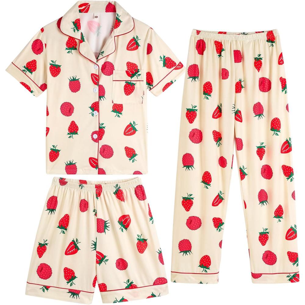 imageVopmocld Girls Pajama Sets 3pcs Button Down Short Sleeve Long Pants With Shorts Sleepwear Cute Patterns Nighty For Teens3pcsStrawberryraspberry