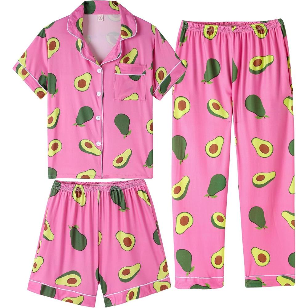 imageVopmocld Girls Pajama Sets 3pcs Button Down Short Sleeve Long Pants With Shorts Sleepwear Cute Patterns Nighty For TeensAvocado