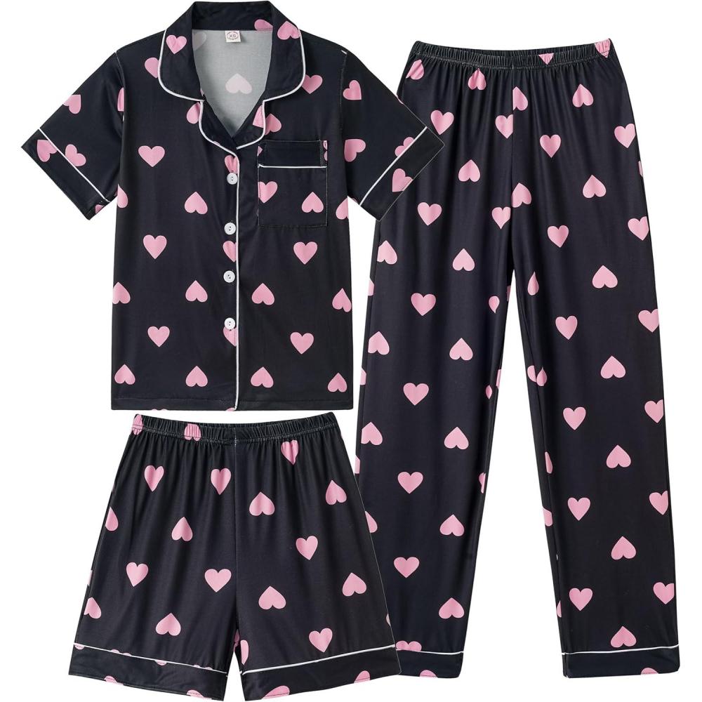imageVopmocld Girls Pajama Sets 3pcs Button Down Short Sleeve Long Pants With Shorts Sleepwear Cute Patterns Nighty For TeensBlack Pink Hearts