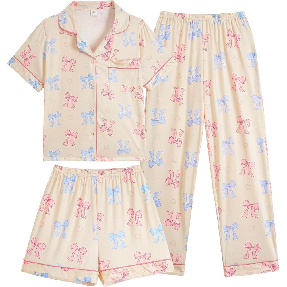 imageVopmocld Girls Pajama Sets 3pcs Button Down Short Sleeve Long Pants With Shorts Sleepwear Cute Patterns Nighty For TeensBlue Pink Bow