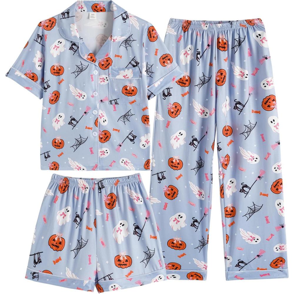 imageVopmocld Girls Pajama Sets 3pcs Button Down Short Sleeve Long Pants With Shorts Sleepwear Cute Patterns Nighty For TeensBowknot Ghost