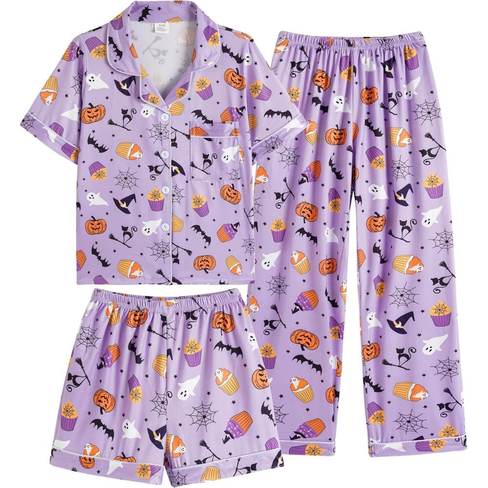 imageVopmocld Girls Pajama Sets 3pcs Button Down Short Sleeve Long Pants With Shorts Sleepwear Cute Patterns Nighty For TeensCake Pumpkin