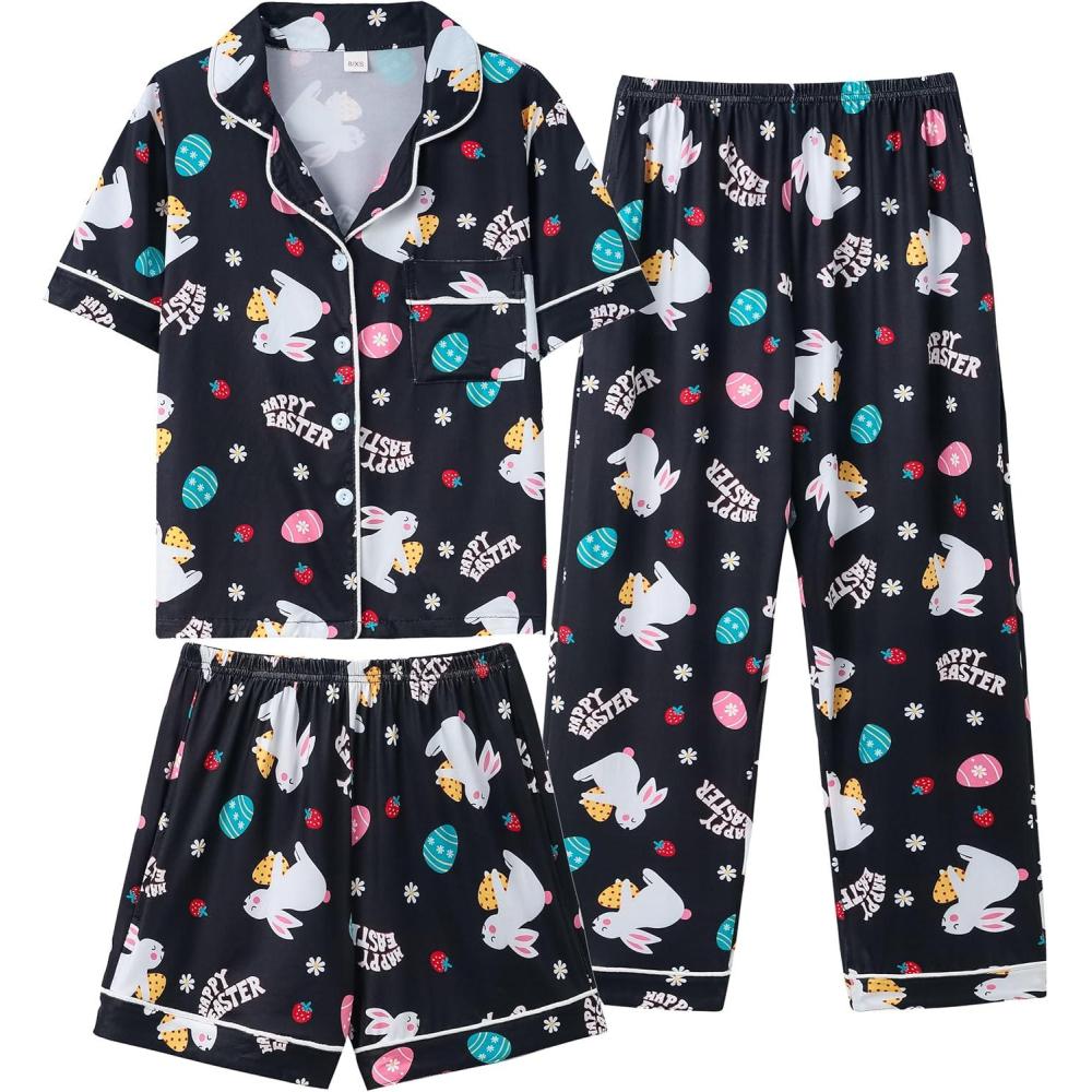 imageVopmocld Girls Pajama Sets 3pcs Button Down Short Sleeve Long Pants With Shorts Sleepwear Cute Patterns Nighty For TeensEaster Black