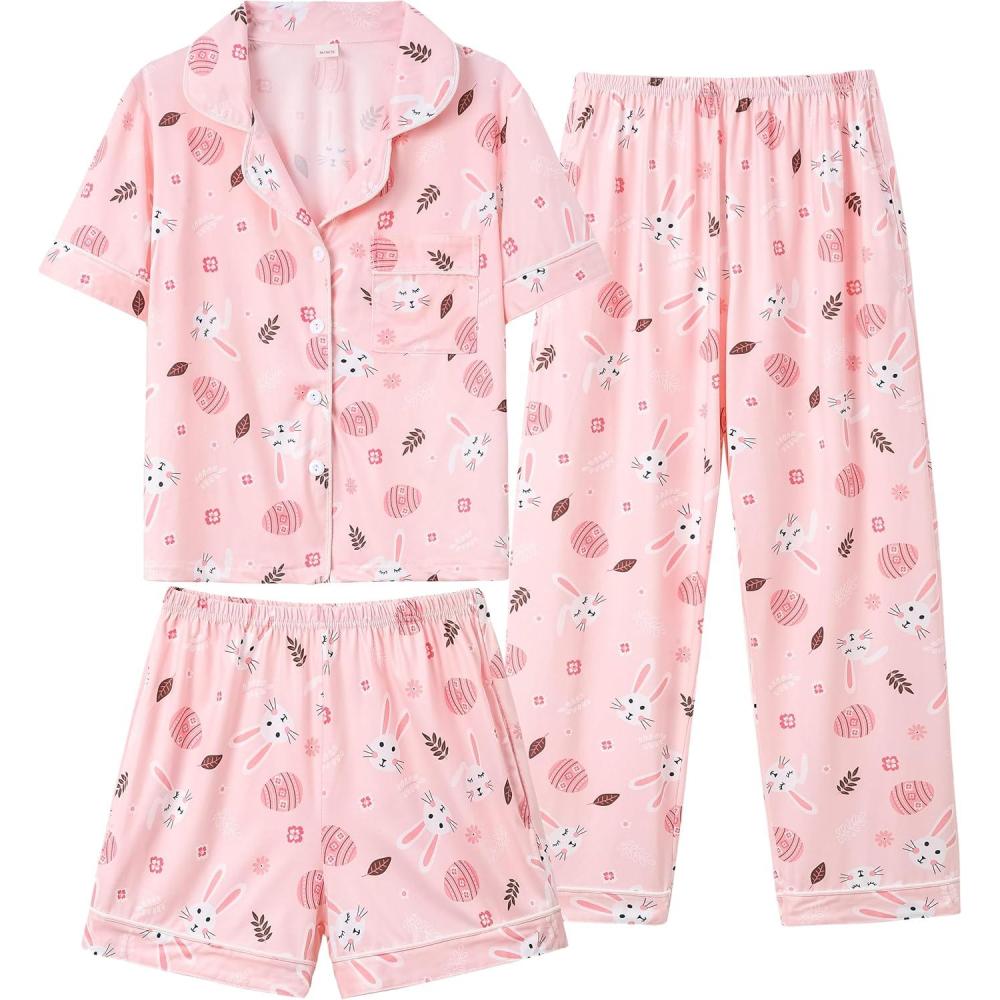 imageVopmocld Girls Pajama Sets 3pcs Button Down Short Sleeve Long Pants With Shorts Sleepwear Cute Patterns Nighty For TeensEaster Pink