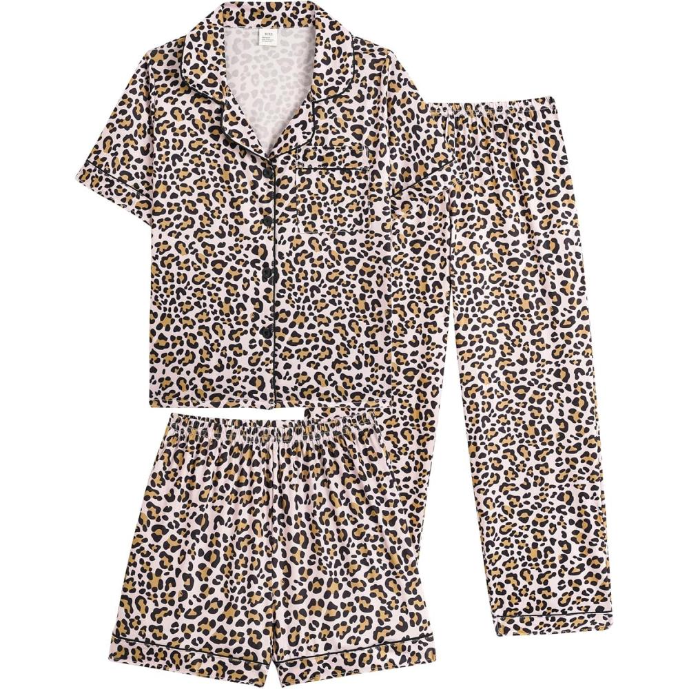 imageVopmocld Girls Pajama Sets 3pcs Button Down Short Sleeve Long Pants With Shorts Sleepwear Cute Patterns Nighty For TeensFull Printed Leopard