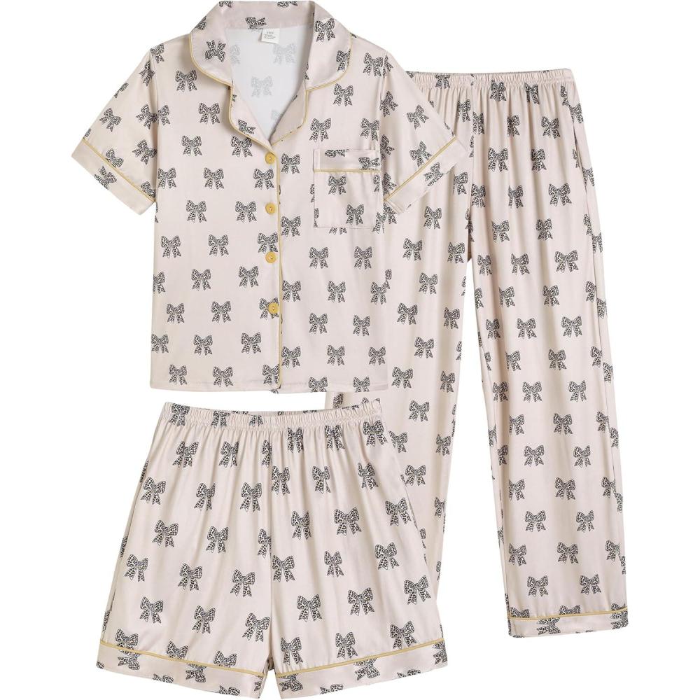 imageVopmocld Girls Pajama Sets 3pcs Button Down Short Sleeve Long Pants With Shorts Sleepwear Cute Patterns Nighty For TeensLeopard Bowknot