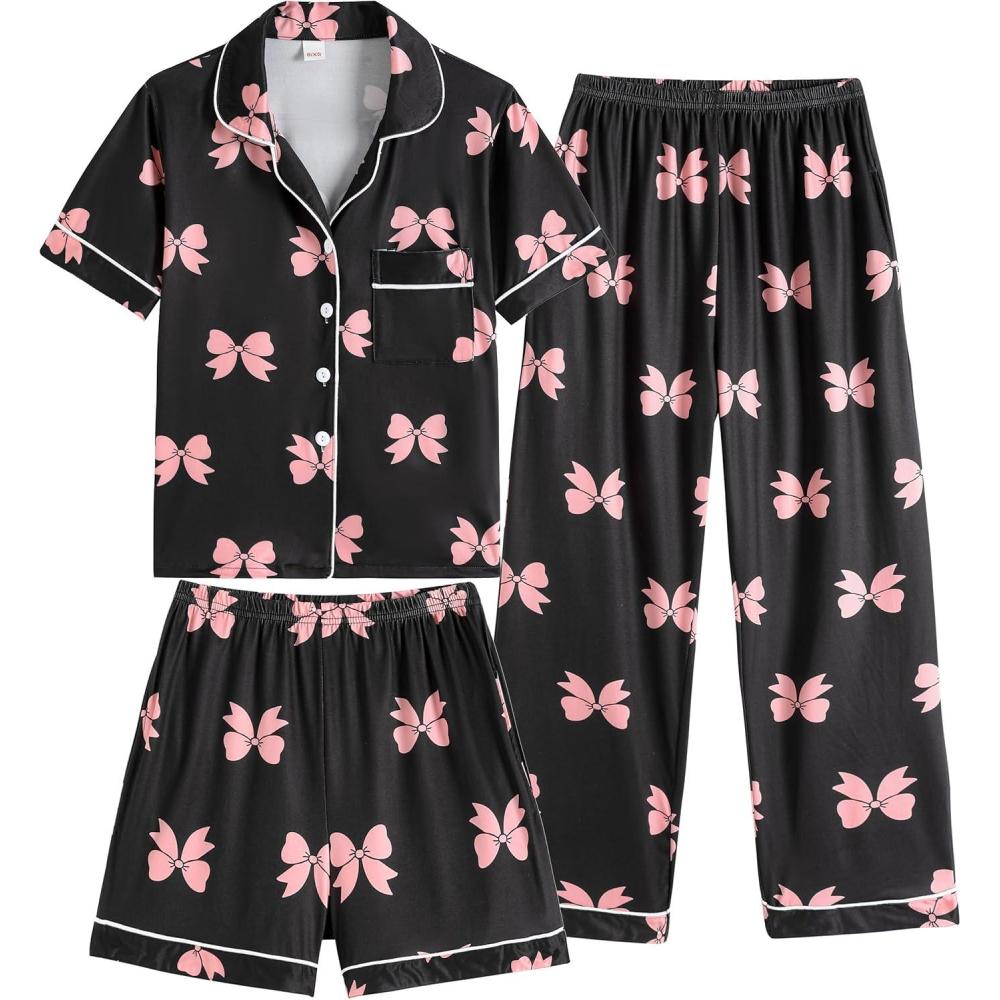 imageVopmocld Girls Pajama Sets 3pcs Button Down Short Sleeve Long Pants With Shorts Sleepwear Cute Patterns Nighty For TeensPink Bowknot