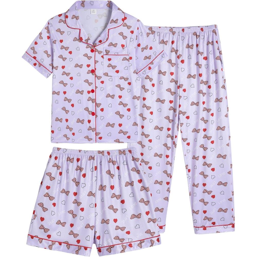 imageVopmocld Girls Pajama Sets 3pcs Button Down Short Sleeve Long Pants With Shorts Sleepwear Cute Patterns Nighty For TeensPolka Dot Bowknot