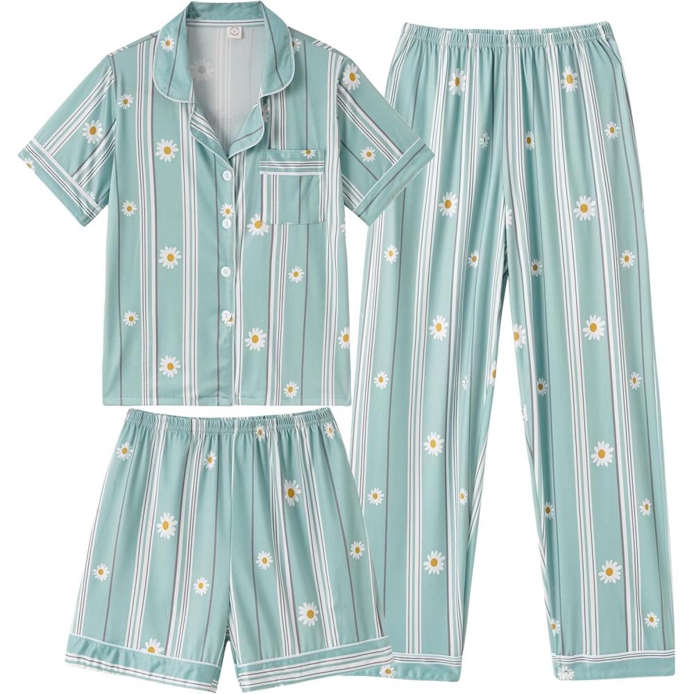 imageVopmocld Girls Pajama Sets 3pcs Button Down Short Sleeve Long Pants With Shorts Sleepwear Cute Patterns Nighty For TeensStriped Daisy