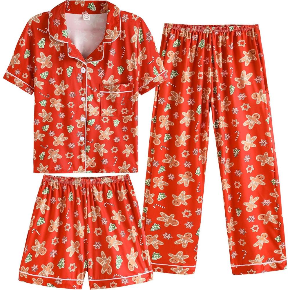 imageVopmocld Girls Pajama Sets 3pcs Button Down Short Sleeve Long Pants With Shorts Sleepwear Cute Patterns Nighty For TeensXmas Gingerbread