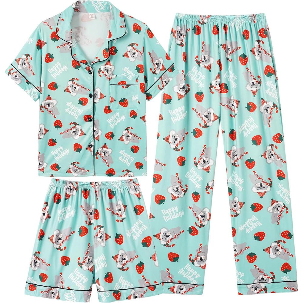 imageVopmocld Girls Pajama Sets 3pcs Button Down Short Sleeve Long Pants With Shorts Sleepwear Cute Patterns Nighty For TeensXmas Koala