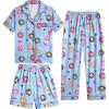 Vopmocld Girls Pajama Sets 3pcs Button Down Short Sleeve Long Pants With Shorts Sleepwear Cute Patterns Nighty For Teens(3pcs/Donuts)