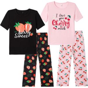 Vopmocld Big Girls’ Short Sleeve Long Pants Pajama Sets 4PCS Cartoon Patterns Strawberry Cute Cherry Sleepwear Nighty Lounge(4pcs-strawberry/Cherry)
