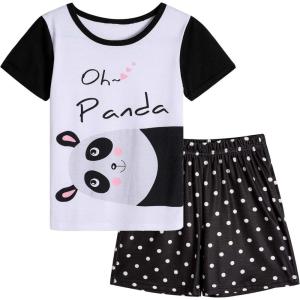 Vopmocld Big Girls Summer Short Sleeve Pajama Sets Cute Cat Patterns Sleepwear Nighty 100% Cotton(Big Panda)