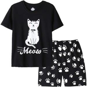 Vopmocld Big Girls Summer Short Sleeve Pajama Sets Cute Cat Patterns Sleepwear Nighty 100% Cotton(Black)