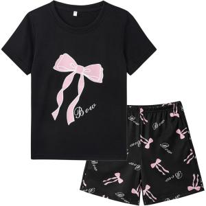 Vopmocld Big Girls Summer Short Sleeve Pajama Sets Cute Cat Patterns Sleepwear Nighty 100% Cotton(Bowknot)