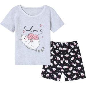 Vopmocld Big Girls Summer Short Sleeve Pajama Sets Cute Cat Patterns Sleepwear Nighty 100% Cotton(Cat)