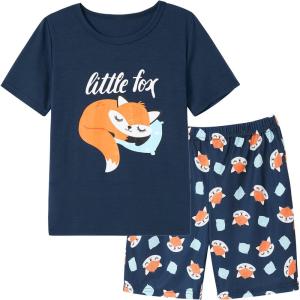 Vopmocld Big Girls Summer Short Sleeve Pajama Sets Cute Cat Patterns Sleepwear Nighty 100% Cotton(Fox)